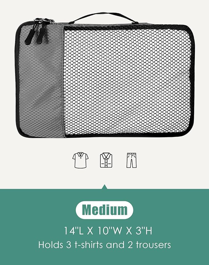 WTREE 4-Piece Packing Cubes Travel Accessories Set for Suitcases - Luggage Organizer Bags with Double Zipper - Mesh Top - Medium - Dark Grey