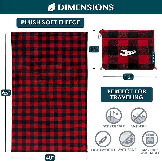 PAVILIA Travel Blanket Pillow, Airplane Blanket Set in Soft Bag with Pockets, Plane Blanket Compact Packable, Flight Essentials Car Pillow, Travelers Accessories Gifts, Luggage Strap, Plaid Red