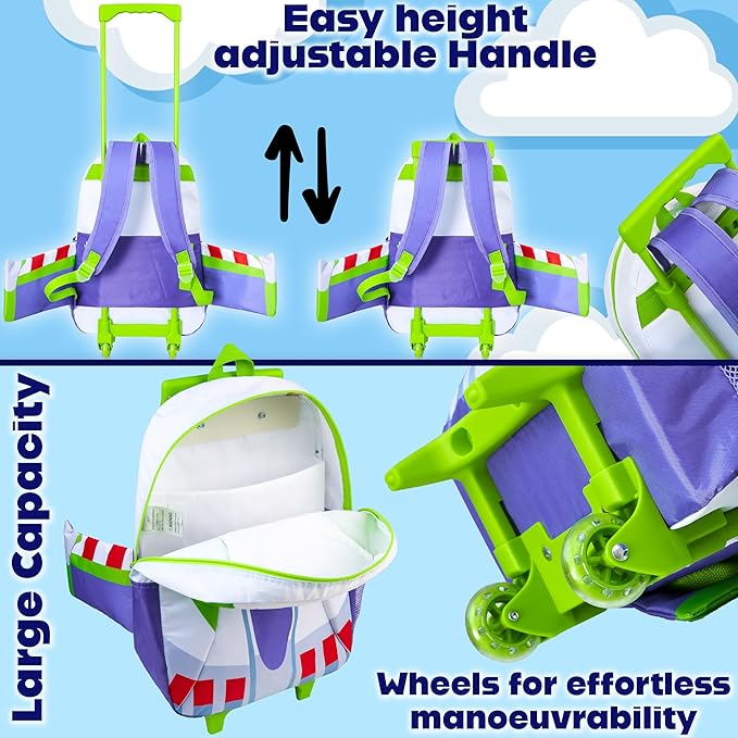 Disney Toy Story 2-in-1 Buzz Lightyear Carry On Luggage 18” Rolling Kids Mini Suitcase with Wheels & Handle 16L, Lightweight Travel Bag Gifts for Kids