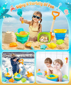 DUDUCOFU Collapsible Beach Sand Toys for Kids Toddlers, Collapsible Sand Bucket with Sifter Shovels Set with Mesh Bag and Sand Molds, Travel Beach Sandbox Toys for Boys Girls 3 4 5 6 7 8 9 10