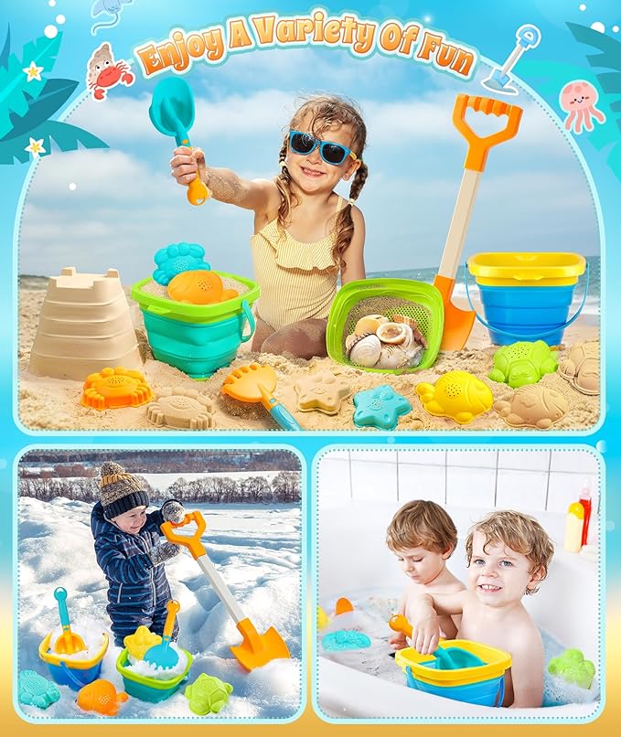 DUDUCOFU Collapsible Beach Sand Toys for Kids Toddlers, Collapsible Sand Bucket with Sifter Shovels Set with Mesh Bag and Sand Molds, Travel Beach Sandbox Toys for Boys Girls 3 4 5 6 7 8 9 10