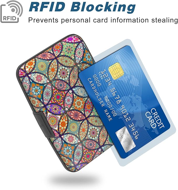 Credit Card Holder, Mini Aluminum Card Wallet RFID Blocking Slim Metal Hard Card Case for Women Men, Pretty Mandala