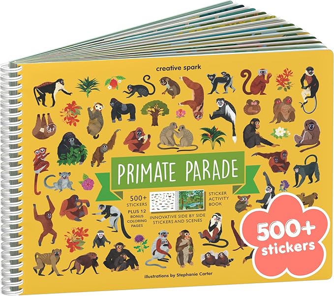 Monkey 500+ Kids Sticker Book by Cupkin Toddler Airplane Travel Activity Coloring and Sticker Book, Road Trip Essentials, 12 Coloring Pages 12 Scenes for Ages 2–8 Years