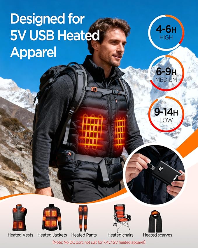 5V 3A/2A 10000mAh Heated Vest Battery Pack, Power Bank for Heated Vest,Chair, Jacket, Blanket with LED Display,Portable Battery Pack for Soleilwear, for KOVNLO, for Yolikeb, for TIDEWE