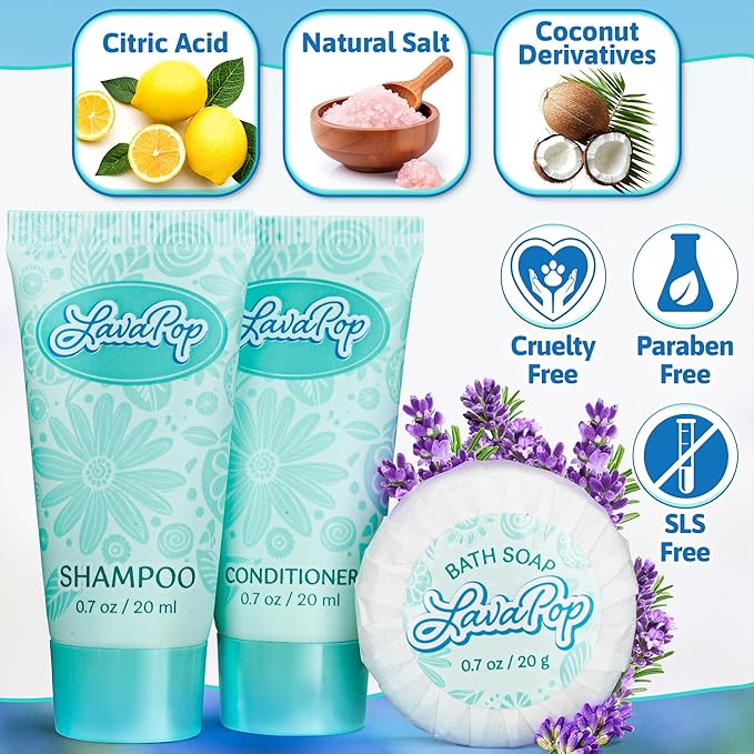 LavaPop - Hotel Soap, Shampoo & Conditioner 3-Piece Set - Iris, Violet & Amber, 0.7 oz each, 150 Pcs - Calming & Comforting Travel Size Amenities - Bulk Toiletries for Airbnb, Motels & Guest Rooms