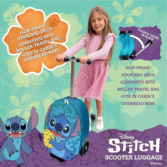Fast Forward Stitch 18" Ride-On Suitcase Scooter - Lightweight Carry-On Foldable Scooter Luggage