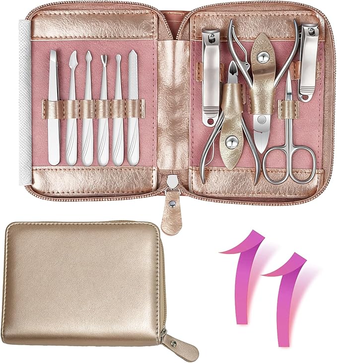 Manicure Set 11 in 1 Stainless Steel Nail Clippers for Men，Manicure Kit for Women，Nail Grooming Kit，Nail Clipper Set，Personal Care Tools（Champagne Colour）