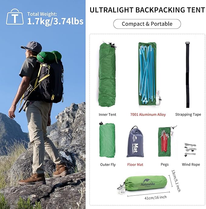 Naturehike Cloud Up Tent, Lightweight Backpacking Tents, Waterproof Ultralight Tent for Camping Hiking Backpacking