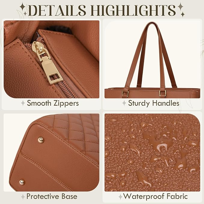 RAINSMORE Laptop Bag for Women 15.6 Inch Work Tote Bags Leather Laptop Tote Professional Laptop Purse Computer Handbag Womens Briefcase Tote with Clutch for Teacher Office Travel, Brown