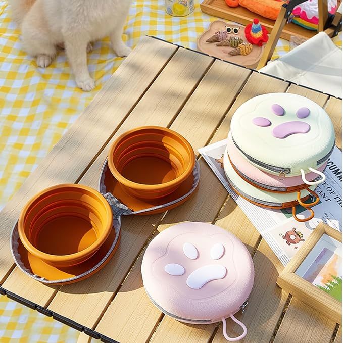 Bear Paw Foldable Pet Bowl, Dual Bowl Design for Food and Water,6.1in，Pink,Orange and Beige (Beige)