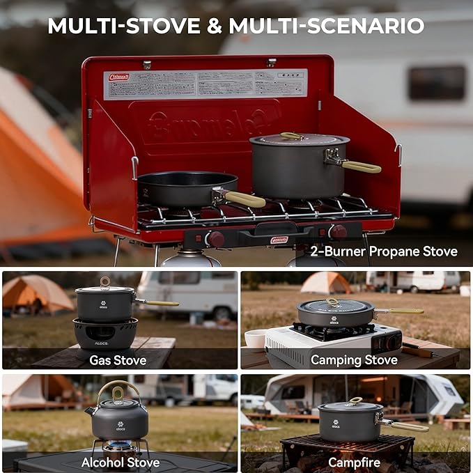 Alocs Camping Cookware Set - Lightweight Camping Pots and Pans - Portable Outdoor Cookware with Kettle - Camping Cookware Mess Kit for 2