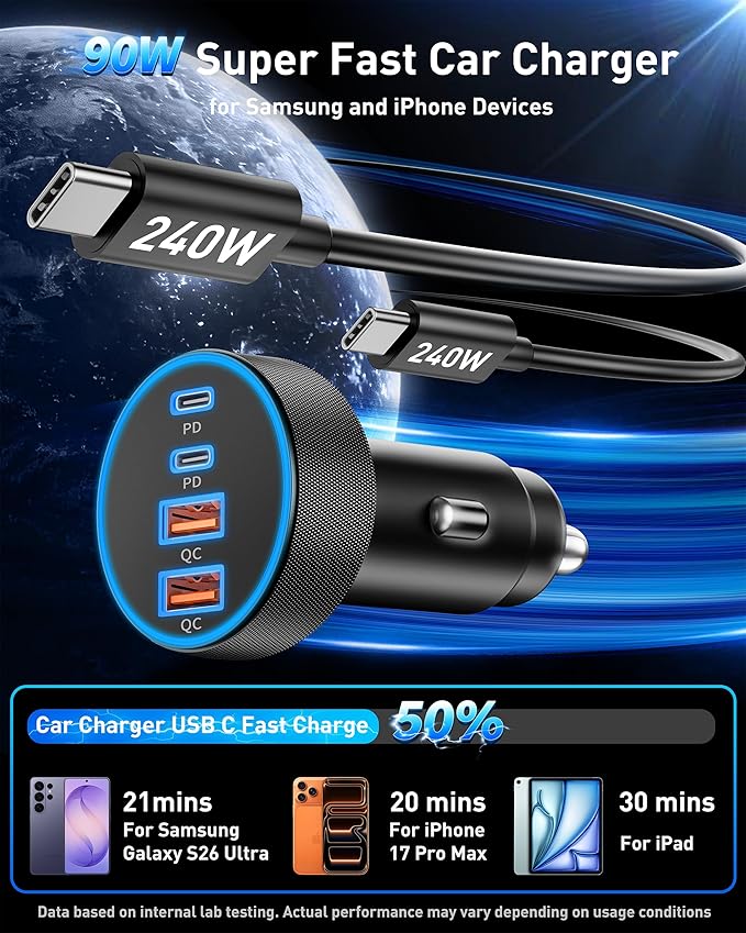 Car Charger USB C Fast Charge, 90W 4-Port Car Phone Charger Super Fast Charging Dual USB-C & USB-A Cigarette Lighter Adapter with 240W Type C Cable for Samsung Galaxy S26/S25/S24/ S23, Pixel, Android