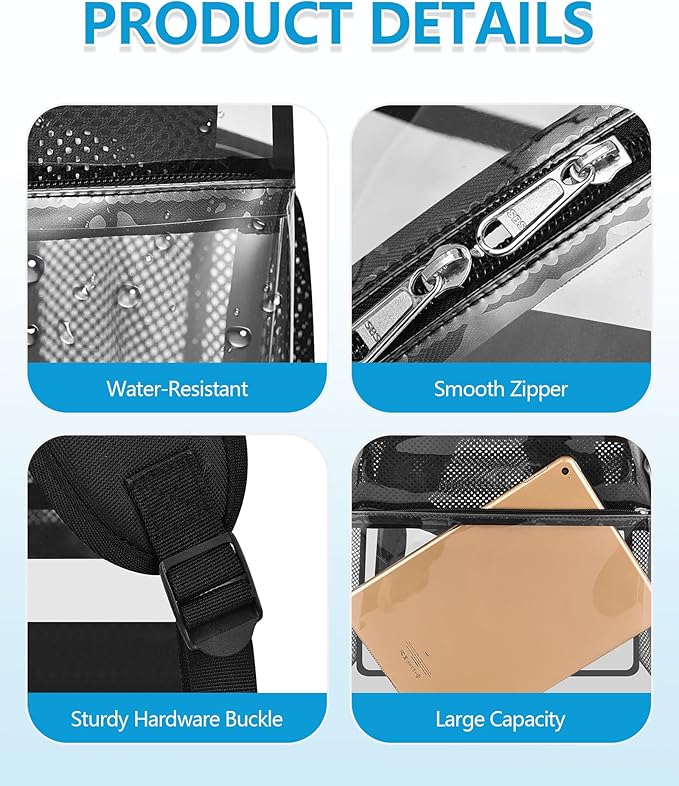Paxiland Clear Backpack Stadium Approved 12×12×6, Small Transparent Bag with Reinforced and Widened Shoulder Straps, Black-Large