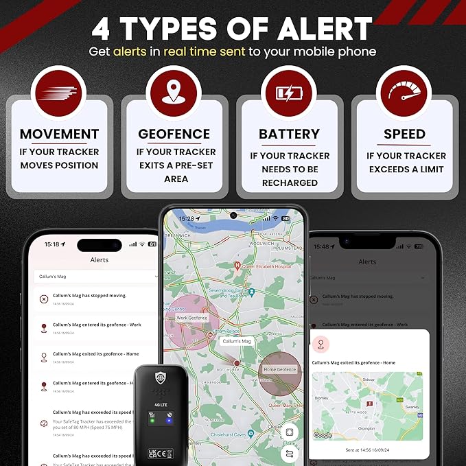 SafeTag Mini 4G - 4G LTE Rechargeable Mini GPS Tracker, Car, Van, Motorbike etc. 34-205 Countries, Real Time Tracking and Notifications, 7 Day Free Trial - Sim Included, 12 Month Warranty