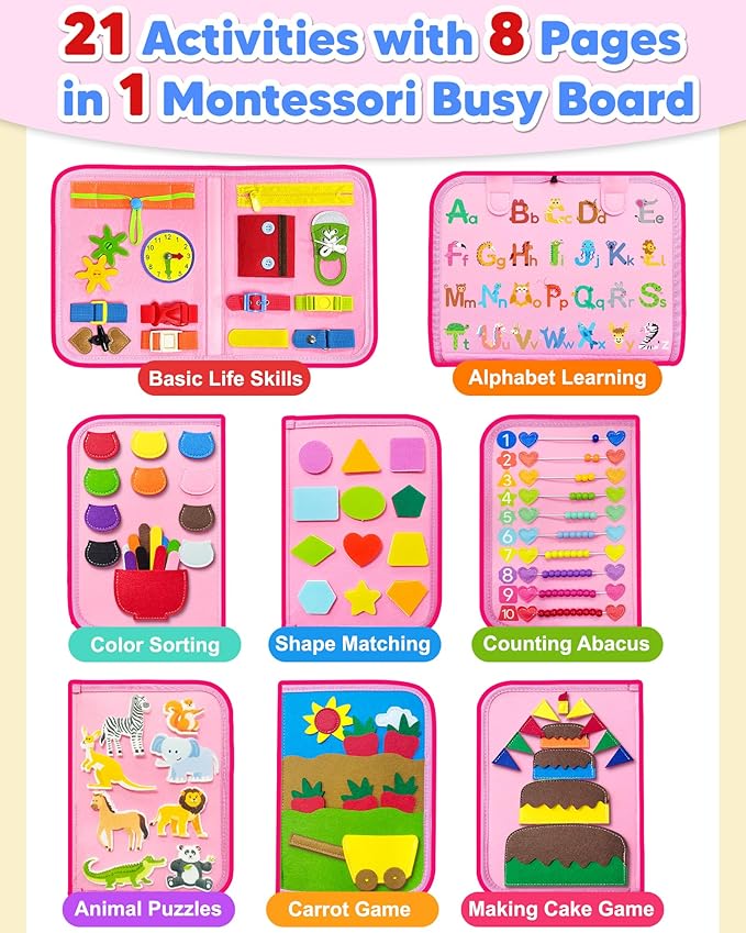 Exorany Busy Board Montessori Toys for Toddler Girl Birthday Gifts, Busy Book Sensory Learning Toys for Toddlers, Toddler Girl Airplane Car Travel Toy Educational Activities