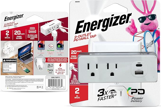 Energizer 4 Device Fast Charging Multi Plug Wall Outlet Extender (2) AC Power Outlets (1) 20W PD Type C Port (1) 18W USB A Port Power Strip Expander Outlet Splitter Plug in Adapter