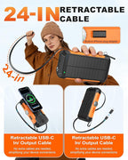 Solar Power Bank with Hand Crank and Retractable Cables, 20000mAh Wireless Portable Charger with USB-C & Camping Light, 25W Fast Charging Battery Pack for iPhone, iPad, Samsung, All Mobile Phones