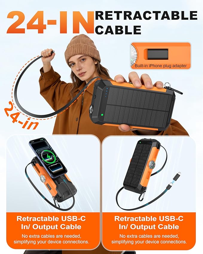 Solar Power Bank with Hand Crank and Retractable Cables, 20000mAh Wireless Portable Charger with USB-C & Camping Light, 25W Fast Charging Battery Pack for iPhone, iPad, Samsung, All Mobile Phones