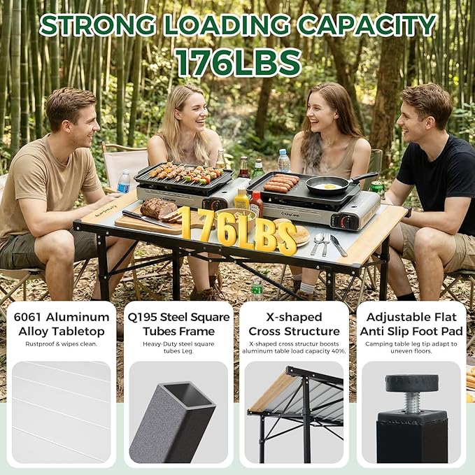 KingCamp Camping Table Folding Portable Table Aluminum Roll Up Lightweight Foldable Large Camp Table for Indoor Outdoor Picnic Backyard, 53.5"X27.5"
