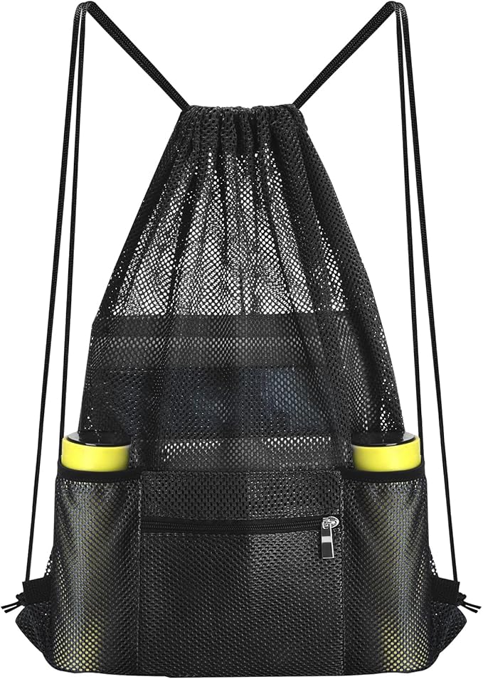 NATURAL STYLE Mesh Drawstring Backpack Bag, Gym Sports Bag with Zipper Pocket Bottle Holder, String Beach Bag for Swiming Travel (Black)