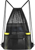 NATURAL STYLE Mesh Drawstring Backpack Bag, Gym Sports Bag with Zipper Pocket Bottle Holder, String Beach Bag for Swiming Travel (Black)
