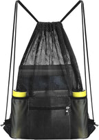 NATURAL STYLE Mesh Drawstring Backpack Bag, Gym Sports Bag with Zipper Pocket Bottle Holder, String Beach Bag for Swiming Travel (Black)