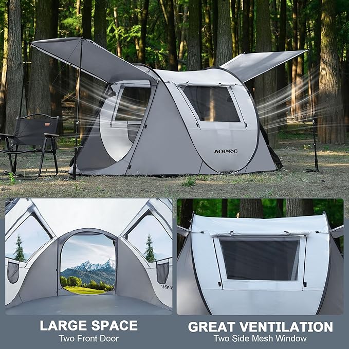 Pop Up Camping Tent, 2/4/6 Person Instant Tent Waterproof PU4500mm, Spacious Ventilated Camping Tent with Front Porch, Quick Setup Lightweight Portable for Outdoor Camping Hiking Beach