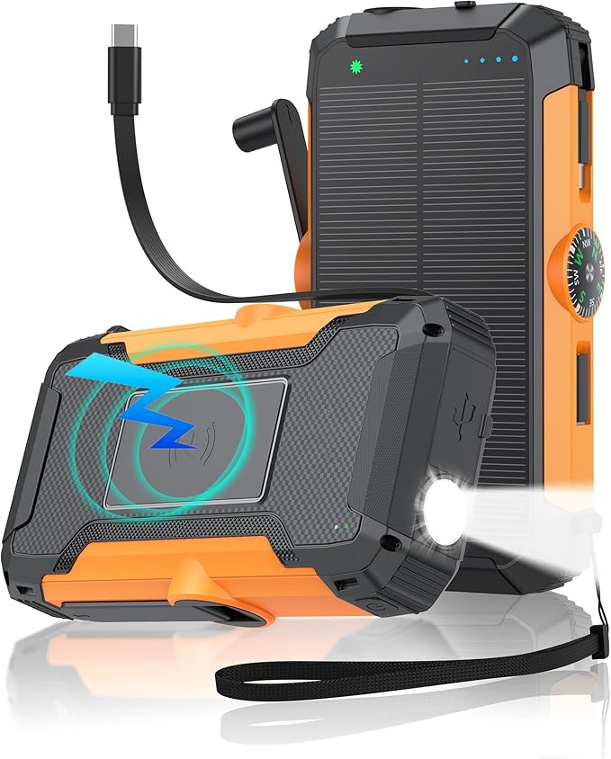 Solar Power Bank with Hand Crank and Retractable Cables, 20000mAh Wireless Portable Charger with USB-C & Camping Light, 25W Fast Charging Battery Pack for iPhone, iPad, Samsung, All Mobile Phones