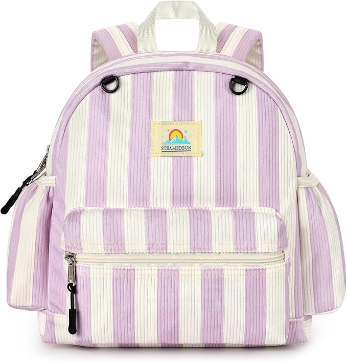 STEAMEDBUN Corduroy Toddler Backpack for Girls 2-4: Kids backpack for Boys Girls - 12 inch Preschool Kindergarten Backpacks - Stripe