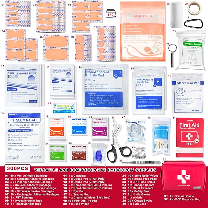 300 Piece First Aid Kit, Compact Waterproof First Aid Bag with 9 Organized Compartments, Portable Emergency Supplies Kit for Outdoor, Camping, Hiking, Car, Home, Travel, Office