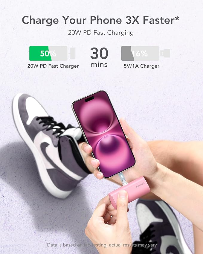 charmast Portable Charger USB C for iPhone 17/16/15, 5000mAh Fast Charging Power Bank with Built-in Type-C Connector, 20W Mini Battery Pack for iPhone 17/16/15 Series, Samsung S25/S24/S23, and More