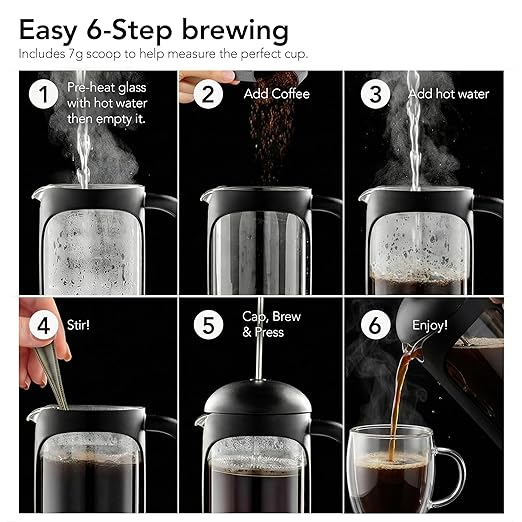 OVENTE French Press Coffee Maker 12 Ounce with Heat Resistant Borosilicate Glass & Stainless Steel 4-Level Filtration System, Portable Cold Brew Coffee Maker for Travel, Camping or Gift, Black FPB12B