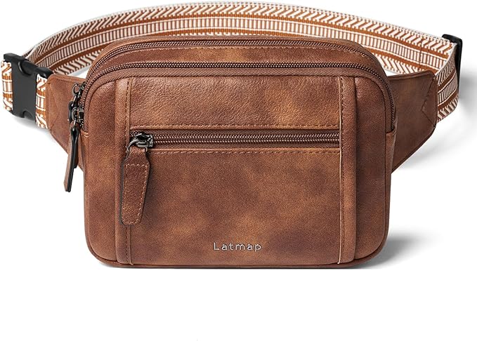 LATMAP 3L TRIPLE ZIP Fanny Packs Belt Bag For Women Men Crossbody Waist Pack Sling Chest Bum Travel Bag Purse Faux Leather Fashion Cute Brown
