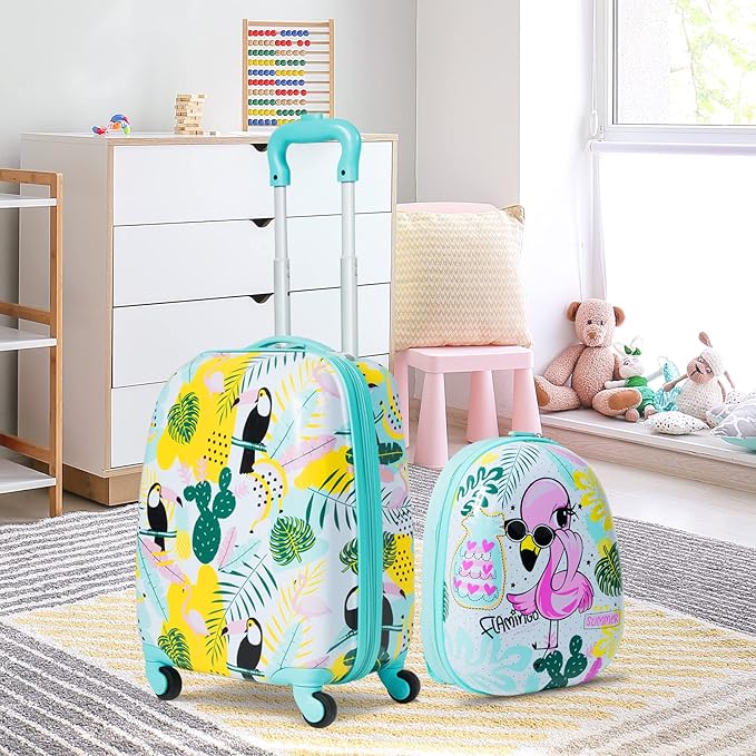 BABY JOY 2 PC Kids Luggage, 16" Toddlers Carry-on Suitcase & 12” Backpack Set, Children Travelling Case w/ 4 Casters & Retractable Handle, Lightweight Trolley Case for Boys & Girls (Flamingo)