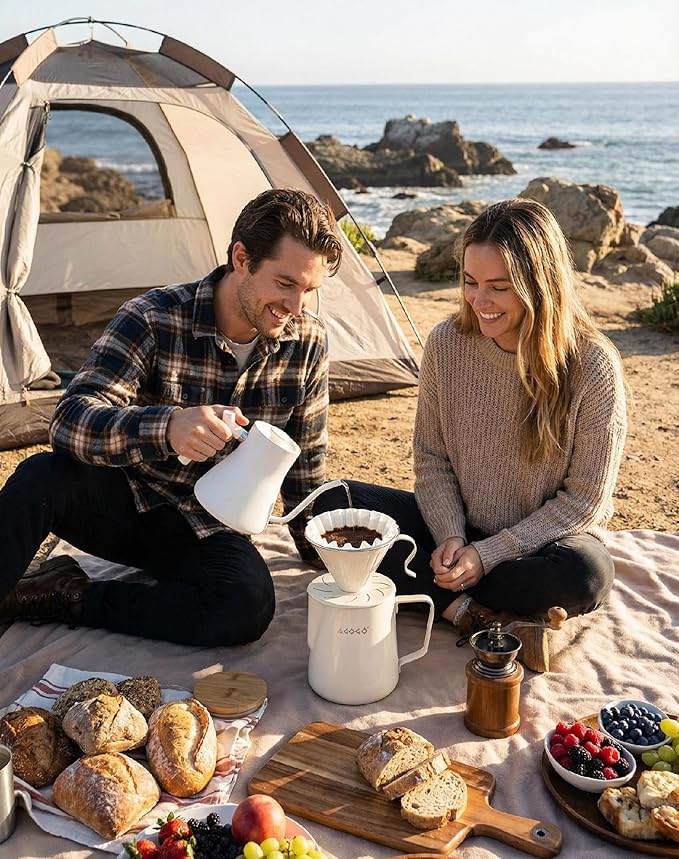 AGOGO Pour Over Coffee Maker Set - Unbreakable 304 Stainless Steel V60 Dripper & Server for Camping & Party, Includes 50 Paper Filters & Barista Towel - Cream White - 30oz