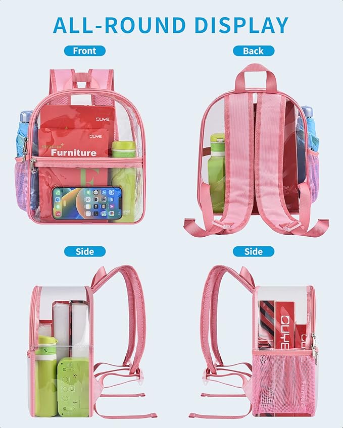 Paxiland Clear Backpack Stadium Approved 12×12×6 with Reinforced and Wider Shoulder Straps, Small Clear Bag for Schools, Concerts, Work, Festivals and Sporting Events - Pink