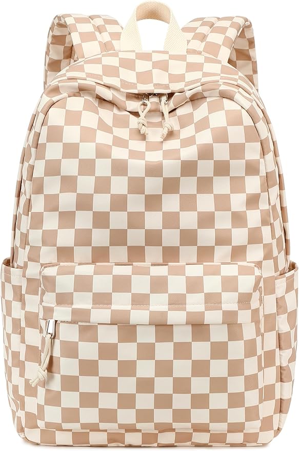 LOIDOU Backpack for Girls School Backpacks Bookbags for Elementary Middle School Women Laptop Backpacks (Brown white checker, L-17)