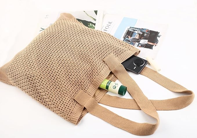 COOKOOKY Crochet Beach Tote bag Summer Beach Bag for Women Aesthetic Mesh Tote Bag Hippie Bag Knit Bag