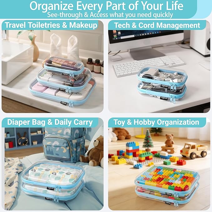 YQBRAO 3-Pack Clear Hard Shell Zipper Case Blue, 1.2mm Heavy-Duty Crush-Proof Travel Makeup Bag, Multi-Size (L+M+S) Diaper Bag Organizer Pouches, Rigid Clear Zipper Pouches for Tech, Toys & Home