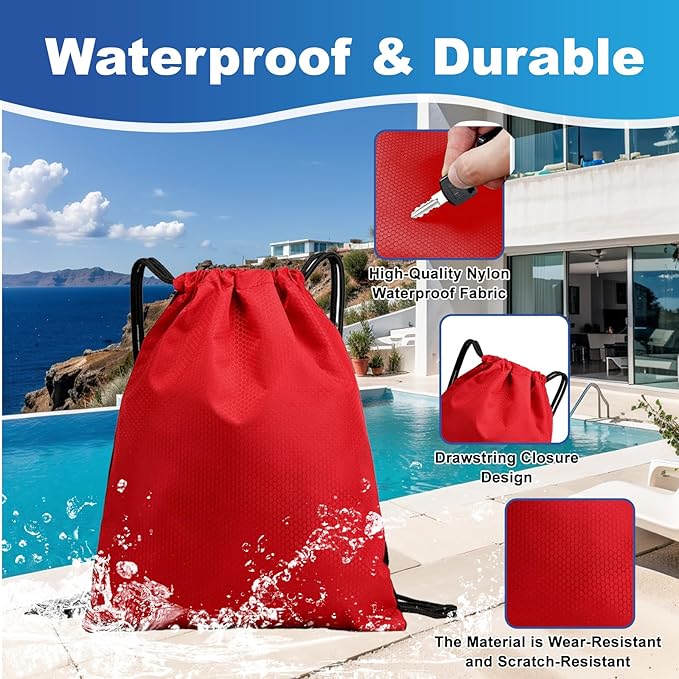 2-Pack Waterproof Drawstring Backpacks, Soccer-Texture Oxford Fabric, 16.9" × 13.8", Lightweight 0.19 lb Each, No Eyelets, Gym & Marathon Gear Sacks(Red)