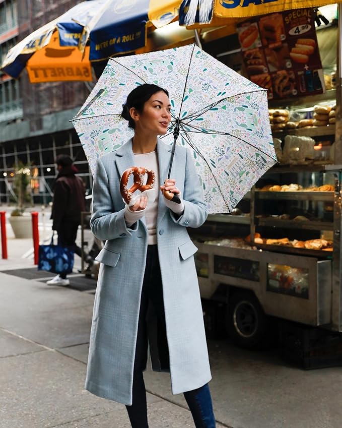 RIFLE PAPER CO. Umbrella, Matching Storage Sleeve, Portable, Auto Open and Close, Wooden Handle, Printed in Full Color