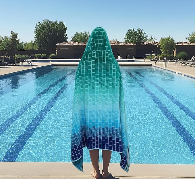 COTTON CRAFT Hooded Beach Towel - Oversized XXL 35x84 Towel with Hood for Adults - The Big Kahuna 7 Foot Large Beach Blanket Towel - Big & Tall - Soft 100% Cotton Velour Pool Bath Wrap - Blue Tiles