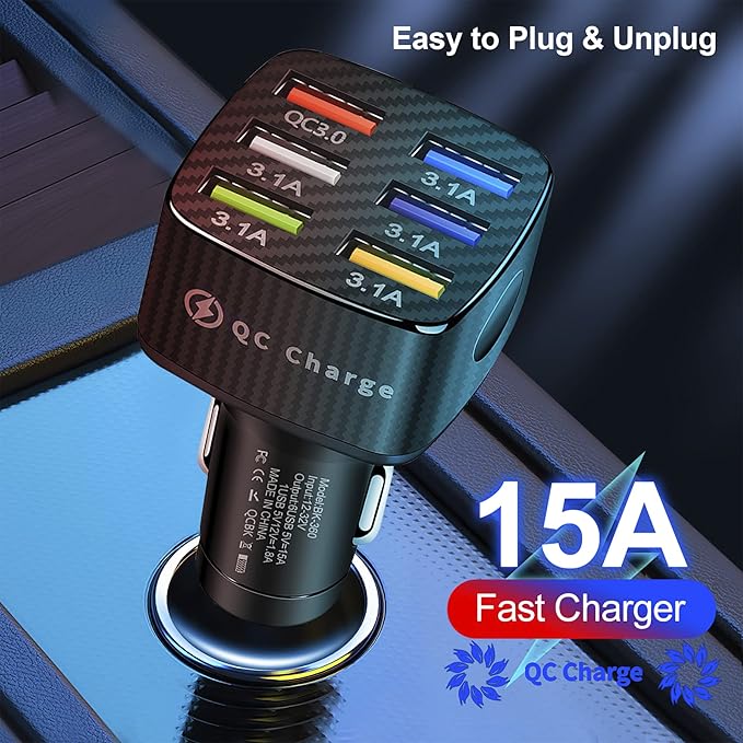 Amiss Car Charger Adapter, 6 USB Multi Port, Fast Charger, Include QC 3.0 and 5 Other Ports, Car Interior Accessories, Fit for iPhone 17/16/15/14/13Pro Max, Samsung, Android (Black 2pcs)