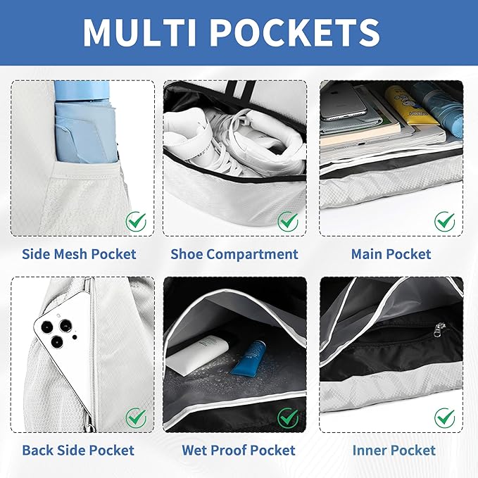 JELUTAR Drawstring Backpack Gym Bag with Shoes Compartment for Soccer, Basketball, Swim, Water-Resistant String Backpack Beach Cinch for Women Men, White