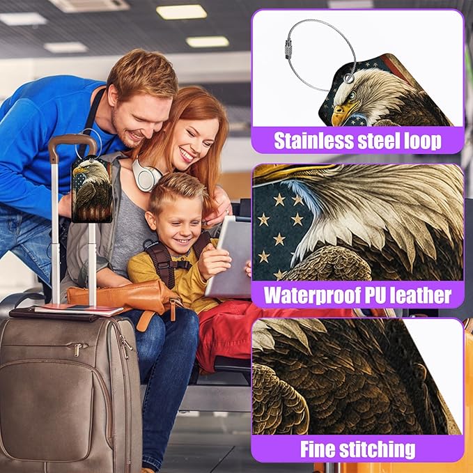 3 Pack American Flag Bald Eagle Luggage Tags for Suitcase PU Leather Travel Luggage Tag Privacy Cover ID Label for Women Men Baggage Backpack Handbag School Bag