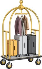 Hotel Luggage Cart, 1300LBS Load Capacity Bellman's Cart with 8" Wheels, Brushed Stainless Steel Commercial Grade Hotel Luggage Trolley with Grey Carpeted Deck for Hotels (Gold/42''L x 26''W x 74''H)