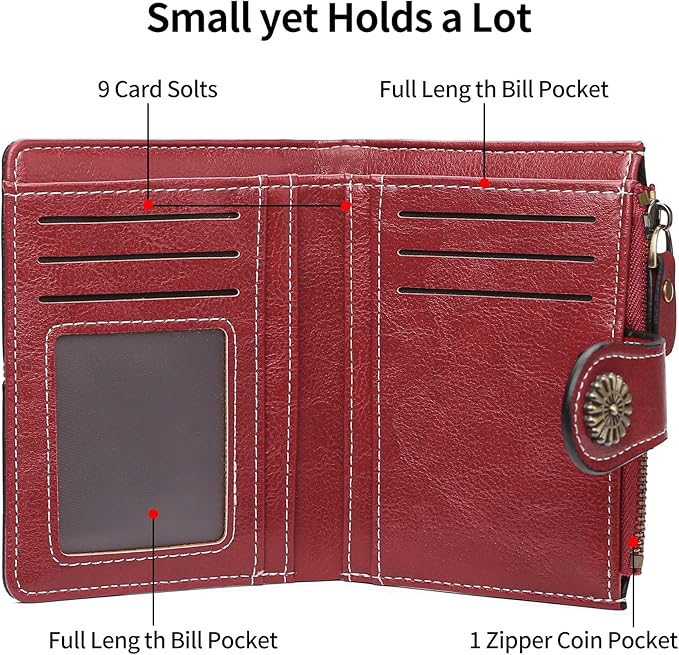 Small Wallet for Women Bifold Credit Card Holder RFID Blocking with Zipper Pocket