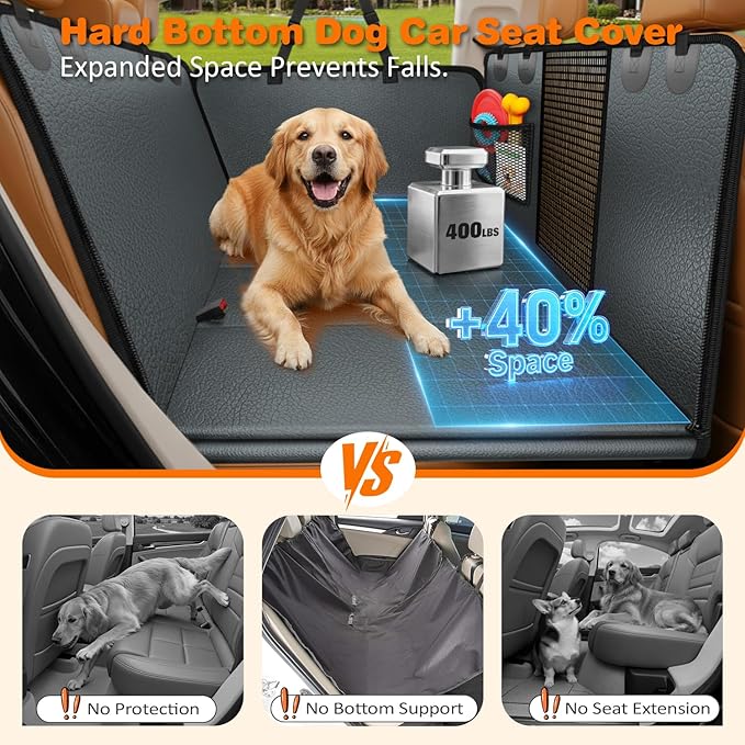URPOWER PU Leather Backseat Extender for Dogs, Hard Bottom Dog Car Seat Cover for Back Seat, Holds 400 LBS, Waterproof Dog Car Hammock Anti-Scratch Pet Rear Seat Protector Travel Bed for Car and SUV