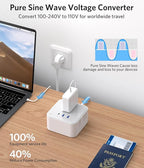 BESTEK 2000W Voltage Converter US to Europe 220V to 110V Converter Pure Sine Wave with PD 35W USB-C for Hair Dryer/Curling Iron/Phone Travel Adapter for Europe/Italy/France (White)