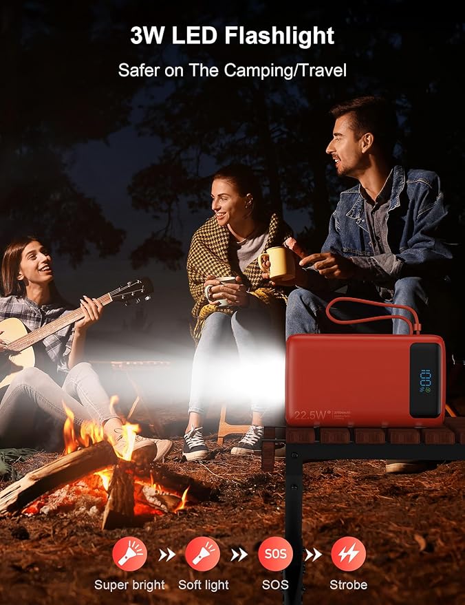 Portable Charger, 27000mAh 22.5W Fast Charging Power Bank with Built-in Cable, USB C Battery Pack with LED Display & Flash Light, Travel Essential External Battery Charger Bank for iPhone Samsung Red